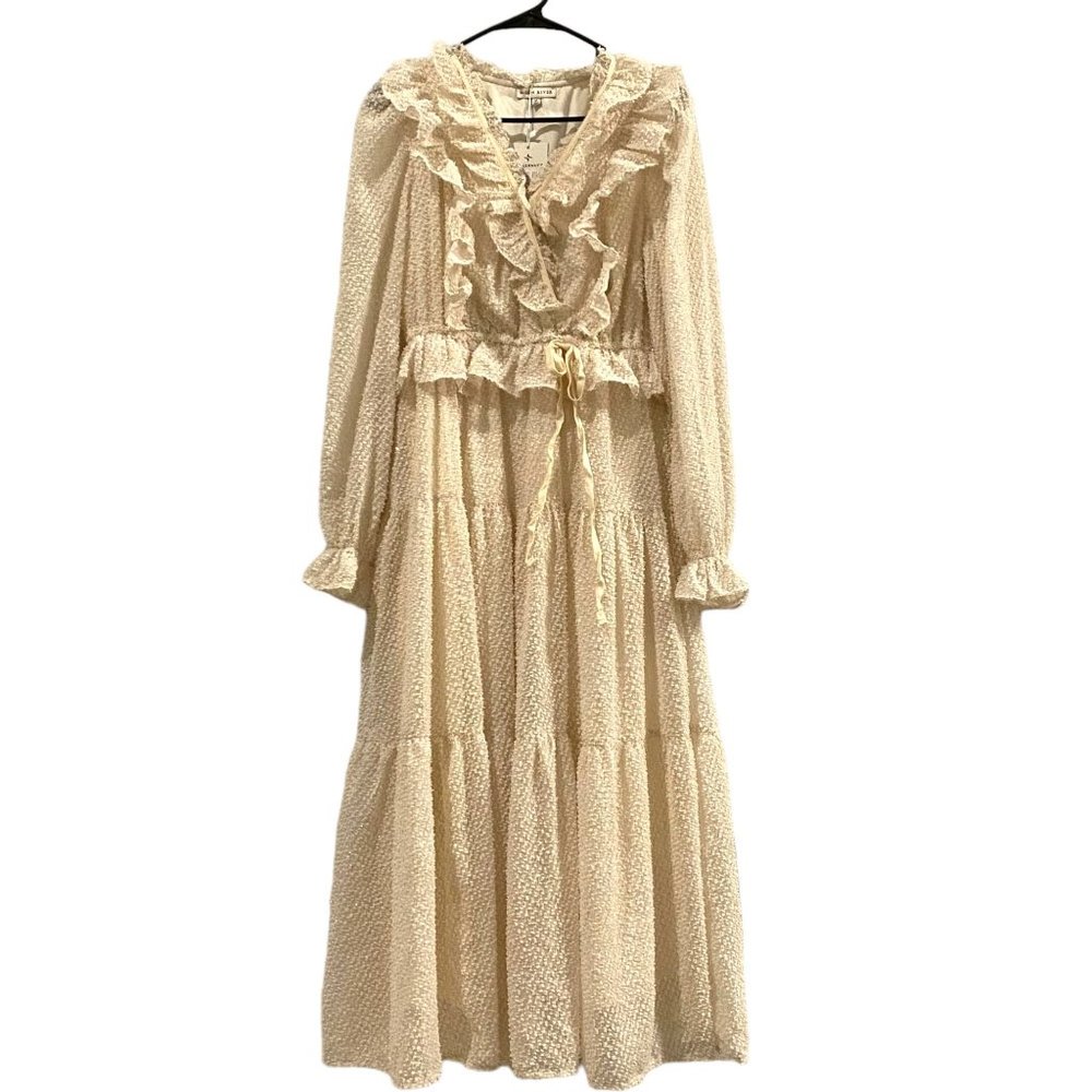 Anthropologie Moon River Ruffled V-Neck Dress Beige M